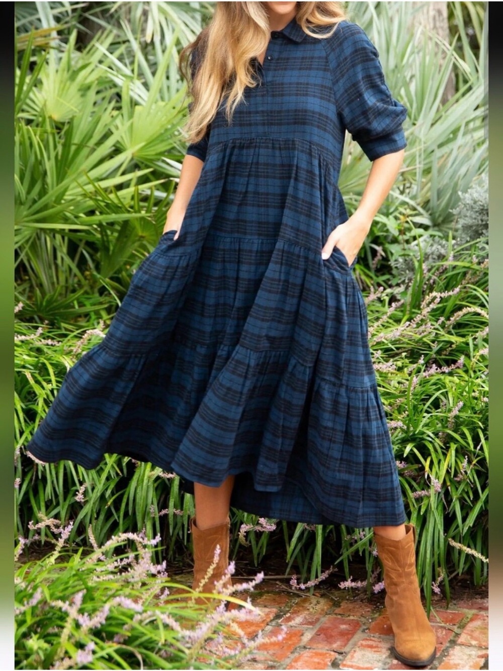 NATURAL LIFE Navy Plaid Tiered Midi Dress